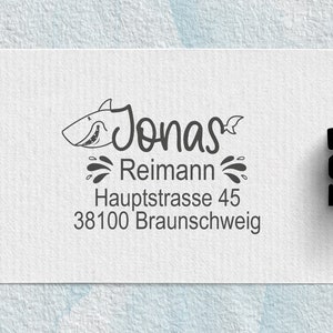 Adressstempel Hai für Kinder, Holzstempel oder selbstfärbender Stempel, Geburtstagsgeschenk, Einschulungsgeschenk, Kinderstempel, KSTADR