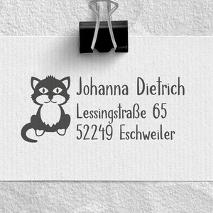 Adressstempel Katze für Kinder, Holzstempel o. selbstfärbender Stempel, Geschenkidee, Geburtstag, Einschulung, Kinderstempel, KSTADR