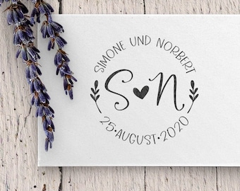 Hochzeitsstempel mit Initialien, Zweige, Herz, rund, Holzstempel oder selbstfärbender Stempel, Save the Date Stempel, Hochzeit