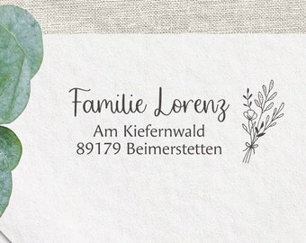 Adressstempel, selbstfärbender Stempel oder Holzstempel, personalisiert, Blumenstrauss, Schreibschrift, Familienstempel mit Adresse, ADREST