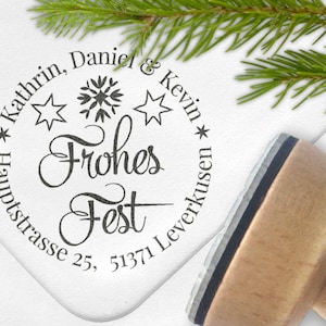 Adressstempel Frohes Fest, Schneeflocke und Sterne, individuell, personalisiert, Weihnachtsstempel