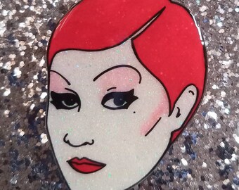Columbia from Rocky Horror Picture Show glittery illustrated pin badge/brooch
