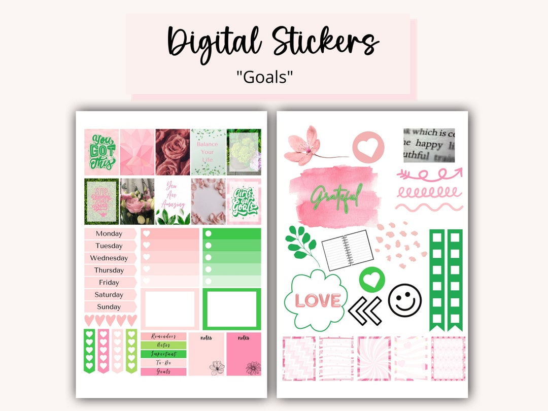 Digital Planner Stickers Pink and Green Precropped Goodnotes Etsy