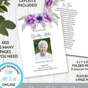 Purple Floral Funeral Program Template, Obituary/Order of Service Template, Printable Memorial Service Template, Edit in Templett, ZFP 21519