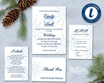 Contemporary Snowflake Wedding Invitation Suite,  Winter Wedding, Printable Wedding Invitation Template, Edit in Templett, ZWA 17076