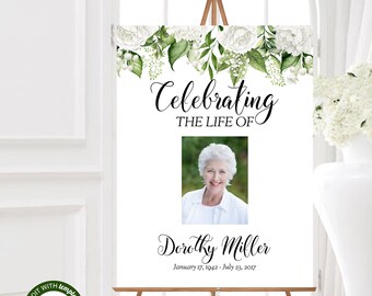 White Floral Funeral Welcome Sign, Celebrating the Life of Sign, Printable Funeral Sign, Editable Instant Download Sign, ZFWS 21520