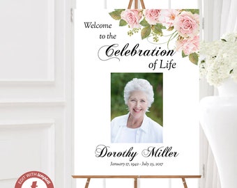 Blush Pink Rose Funeral Welcome Sign, Celebrating the Life of Sign, Printable Funeral Sign, Editable Instant Download Sign, ZFWS 21503