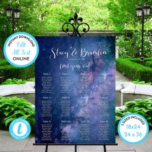 May include: A galaxy-themed wedding seating chart with a blue and purple background. The chart lists the names of guests assigned to each table. The text at the top reads "Stacy & Brandon" and "Saturday, May 15, 2021" and "(find your seat)". The chart is available in two sizes: 18x24 inches and 24x36 inches.