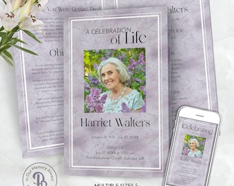 Lavender Gray Marble Funeral Program, Obituary Template, Celebration of Life Program, Memorial Service, Editable Templett QFP 21230