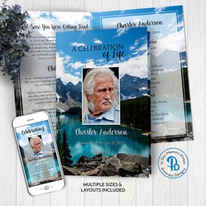 May include: A blue and white funeral program template with a photo of a man in a blue shirt. The program includes the text "A Celebration of Life" and the name "Charles Anderson".