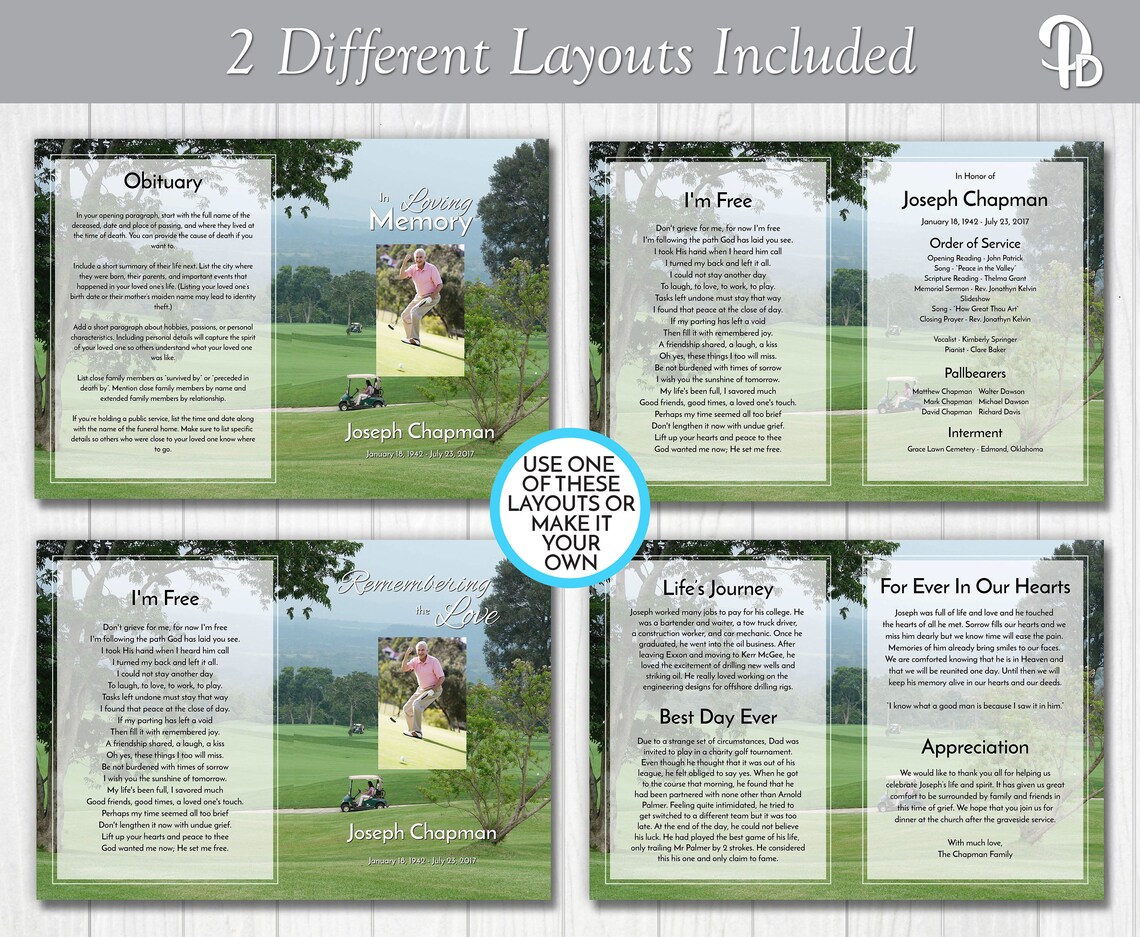 Golfer's Funeral Program Template Obituary Order of Etsy