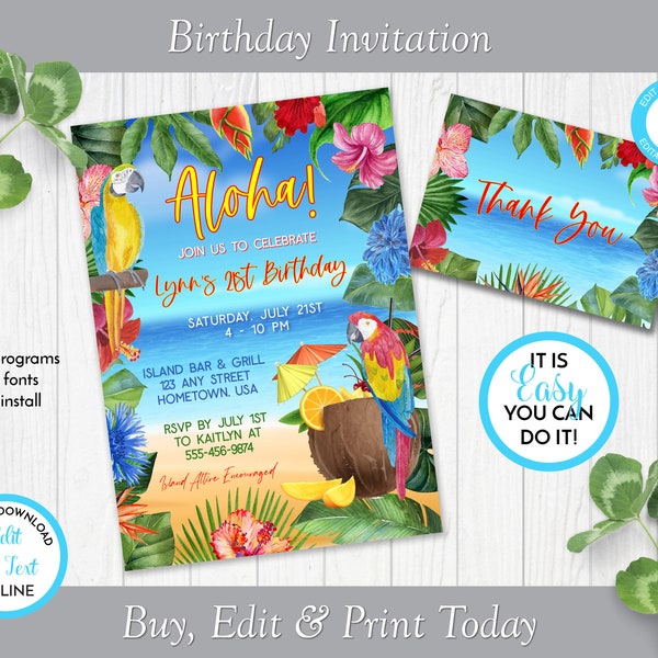 Tropical Birthday Party Invitation, Luau Invite, Aloha Birthday Invite, Printable Hawaiian Birthday Invite, Editable in Templett ZBD 13070