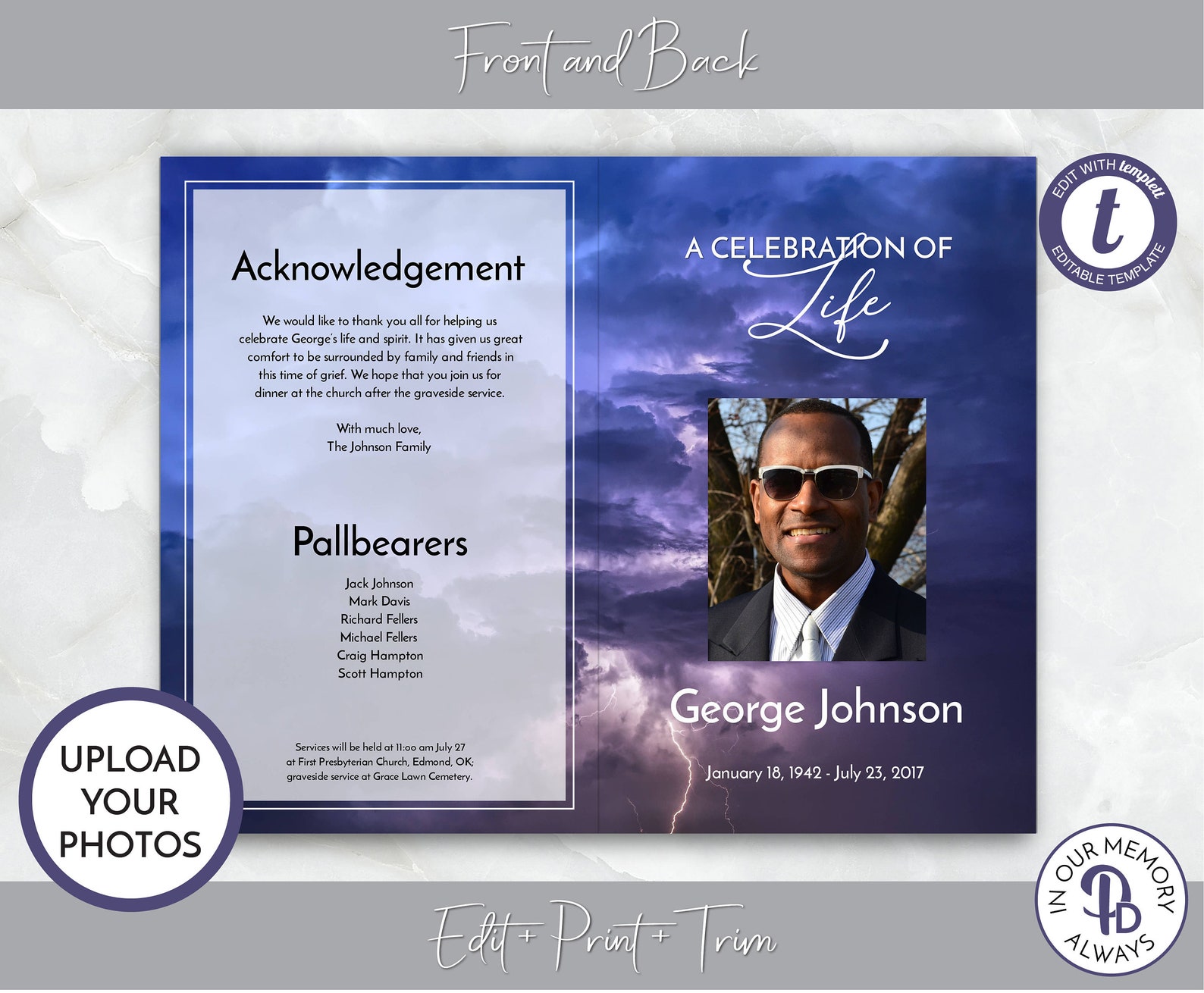Thunder and Lightning Funeral Program Obituary Template Etsy
