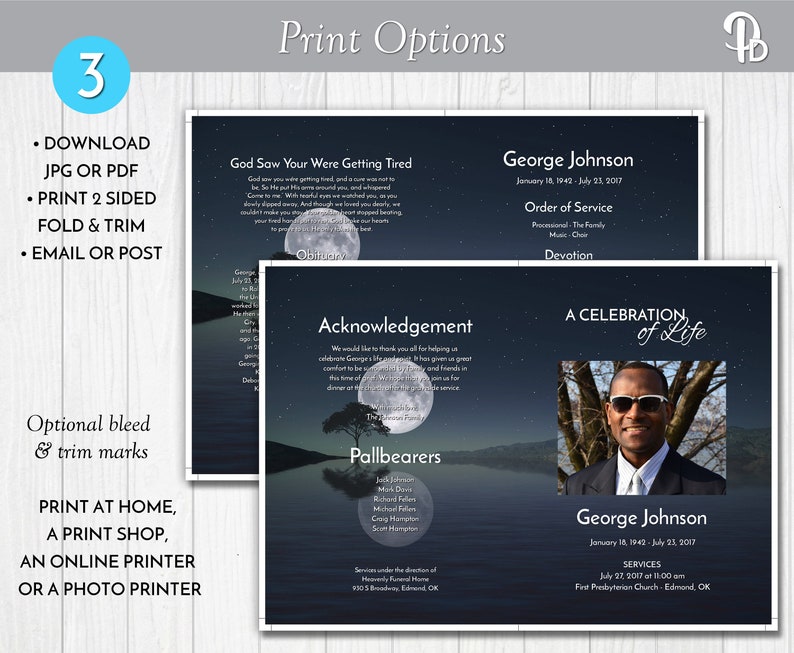Moon Over Water Funeral Program Template Obituary/order of Etsy