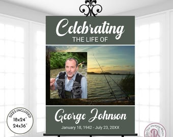 Fishing at Sunset Funeral Welcome Sign, Celebrating the Life of Sign, Printable Funeral Sign, 2 sizes, Editable, QFWS 21254