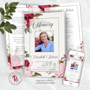 Puede incluir: Una tarjeta conmemorativa imprimible con un diseño floral en tonos rosa y rojo. La tarjeta presenta una foto de una mujer y el texto "In Loving Memory" y "Elizabeth Roberts". La tarjeta también incluye las fechas "January 18, 1942 - July 23, 20XX" y "July 27, 20XX at 11:00 am".