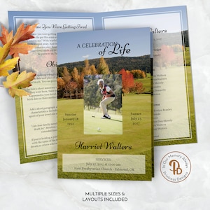 May include: A Celebration of Life memorial card featuring a photo of a person playing golf. The card includes the name "Harriet Walters", service details, and the dates of birth and death. The design includes a golf course background.