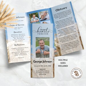 May include: A tri-fold memorial service program featuring a photograph of a man, the words "In Our Hearts Forever," and details such as George Johnson's name, dates, and service information. Multiple sizes are included.