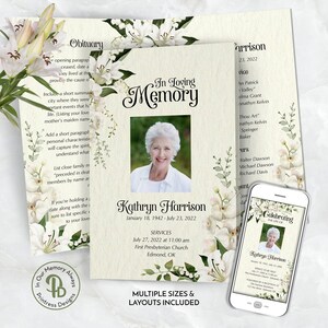 May include: A printable memorial service programme template featuring a white floral design and a photograph of a woman. The text "In Loving Memory" is at the top of the page. The programme includes the deceased's name, dates of birth and death, and service details. The text "Multiple Sizes & Layouts Included" is at the bottom of the page.