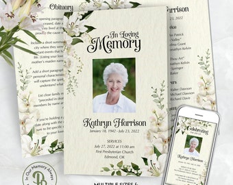 Lily and Orchids Funeral Program, Obituary Template, Celebration of Life Program, Memorial Service, Editable Templett QFP 21551