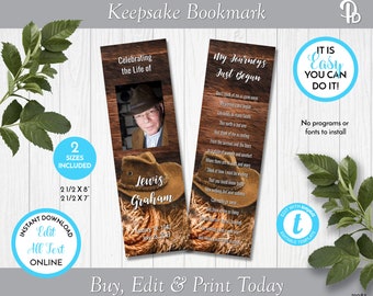 Cowboy Hat & Rope Funeral Keepsake Bookmark, Memorial Favor, Celebration of Life Keepsake, In Loving Memory, Edit In Templett, ZBKM 21083