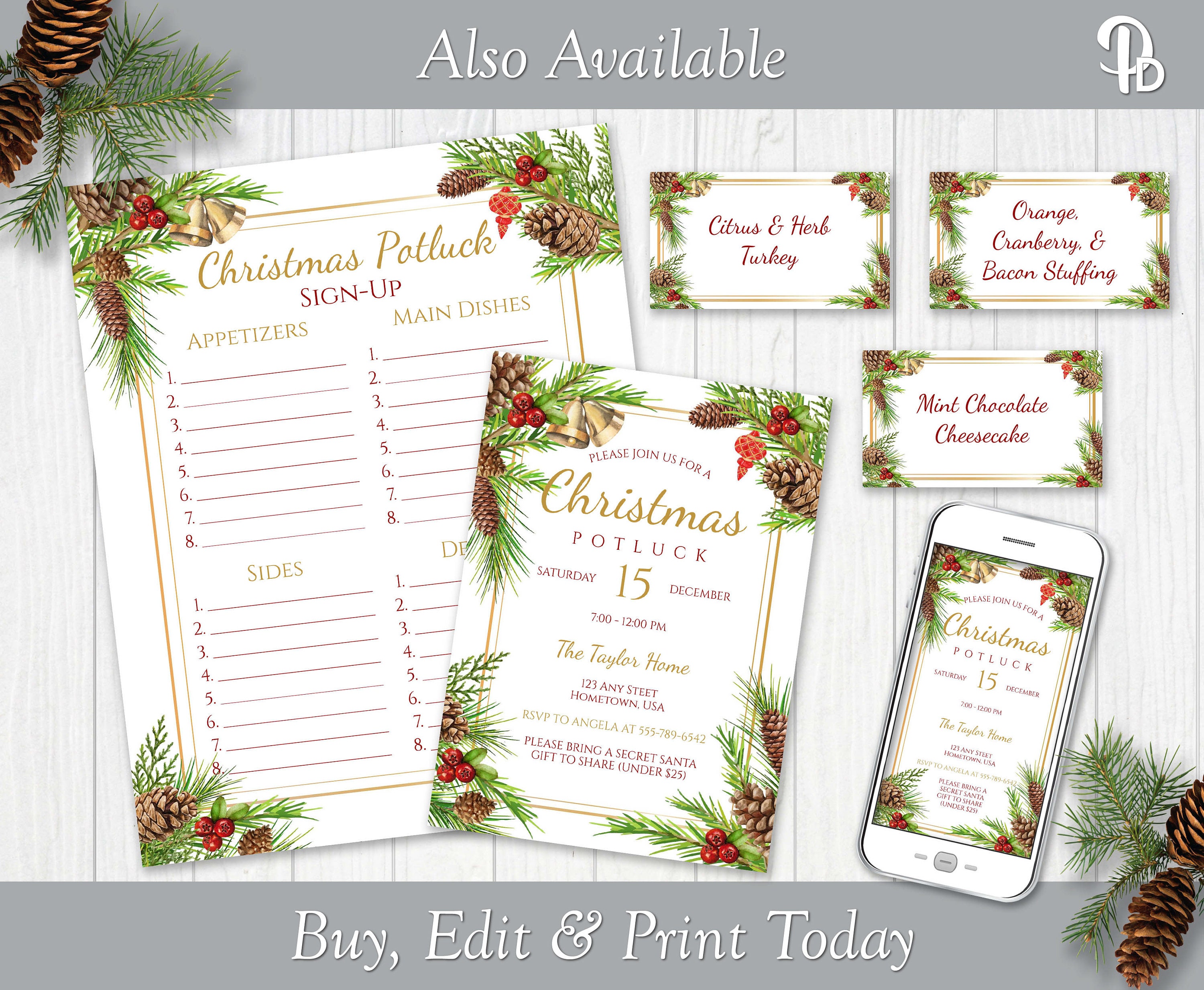 Editable Christmas Holiday Potluck Sign up Sheet, Printable
