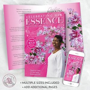 May include: A pink and white funeral program template with a photo of a woman and the text "Celebrating Her Essence" and "Christine Hawkins". The program includes a date, time, and location for the funeral service. The program also includes a quote about beautiful memories.