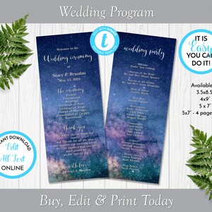 Celestial Night Wedding Program, 2 Sided Wedding Program, 4 Page Folded Wedding Program, Edit in Templett, ZWPG 17259