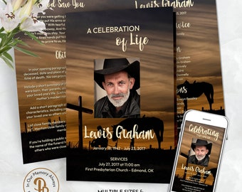 Cowboy Kneeling at a Cross Funeral Program, Obituary Template, Celebration of Life Program, Memorial Service, Editable Templett QFP 21228