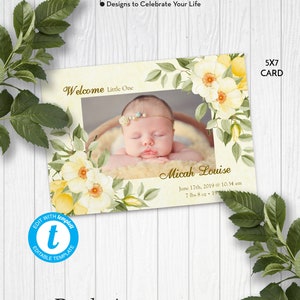 Anuncio de nacimiento con flores amarillas de bienvenida, anuncio de recién nacido, plantilla de anuncio de nacimiento con foto, edición en Templett, ZBA 11006