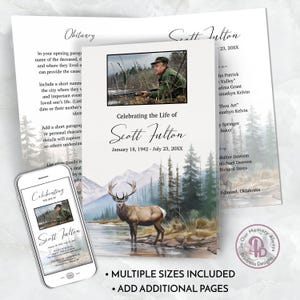 以下が含まれることがあります： 森の風景の水彩画の背景に、小川に立っている鹿が描かれた、印刷可能な追悼カード。カードには「スコット・フルトン」という名前と「1942年1月18日 - 20XX年7月23日」という日付が記載されています。カードには、「人生を称える」と「永遠に私たちの記憶の中に」というテキストも含まれています。