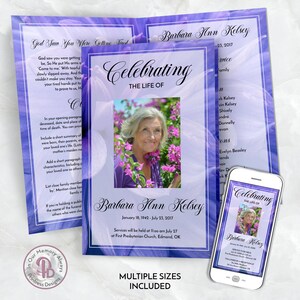 May include: Purple and white floral memorial service program with a photo of a woman. The program includes the text "Celebrating the Life of Barbara Ann Kelsey" and the dates "January 18, 1942 - July 23, 2017".