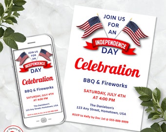 July 4th American Flag BBQ Invitation, Printable Independence Day Party Invitation, Edit in Templett, ZJL 20011