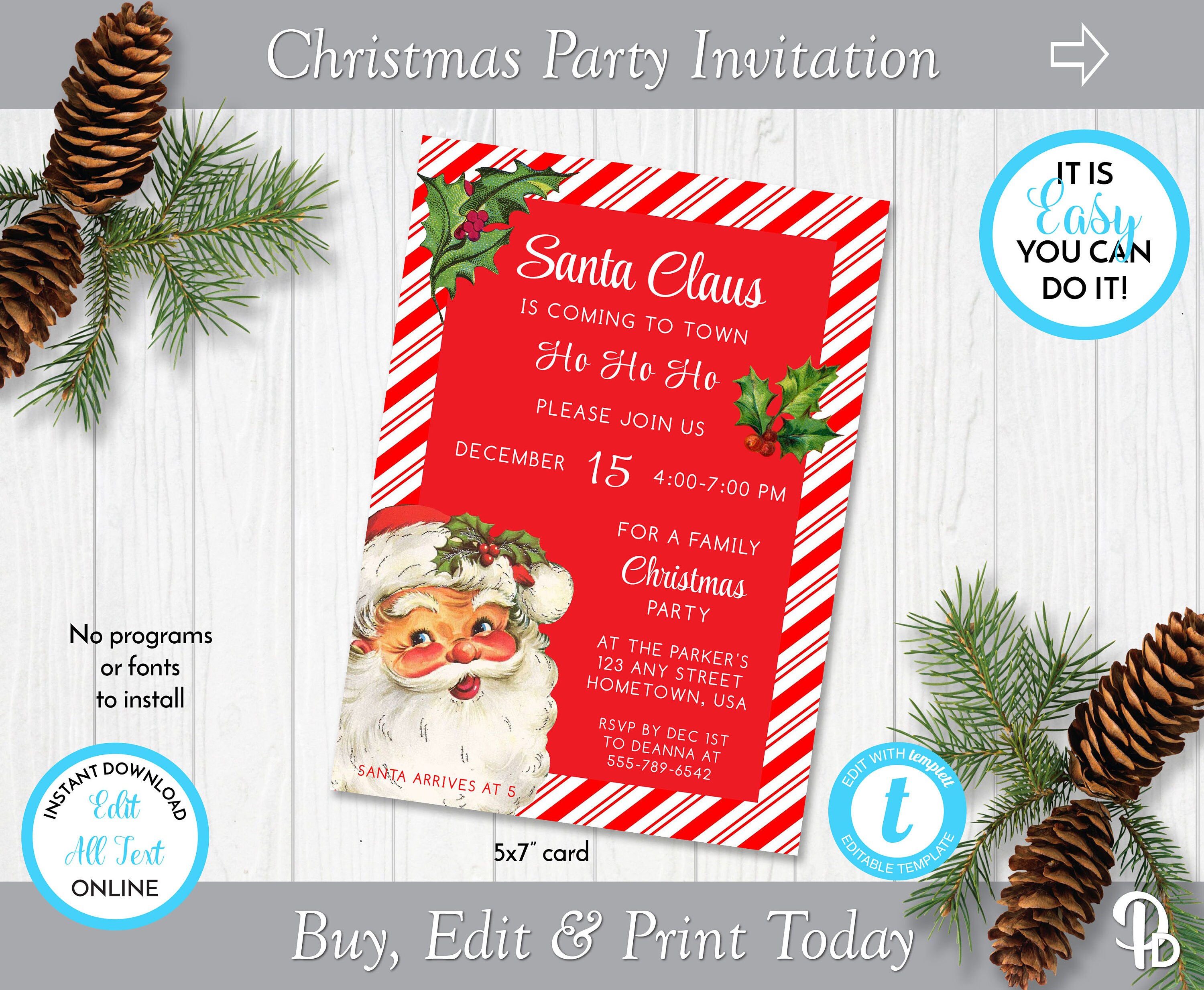 Santa is Coming Christmas Party Invitation, Holiday Invitation, Christmas  Dinner Invite, Printable Invite, Edit in Templett, ZHL 20166 - Etsy, image size:3000x2467
