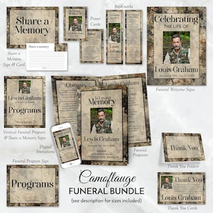 Op de afbeelding: Een camouflage-begrafenispakket met verschillende items, waaronder programma's, bladwijzers, bedankkaartjes en een bord. Het pakket is ontworpen om te helpen bij het vieren van het leven van een dierbare.