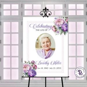 Pink and Purple Peonies Funeral Welcome Sign, Celebrating the Life of Sign, Printable Funeral Sign, 2 sizes, Editable, QFWS 21563