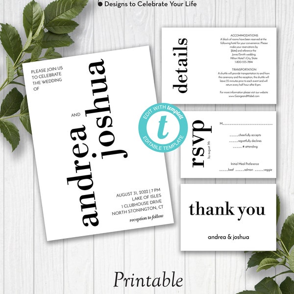 Simple Typography Wedding Invitation Suite, Simple Wedding Invite, Printable Wedding Template, Edit in Templett, ZWA 17274