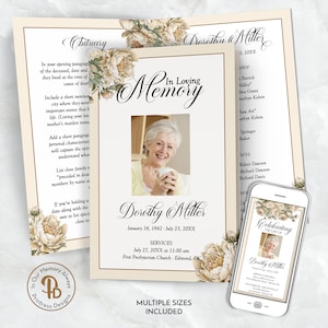 May include: A printable memorial card template with a floral design. The card features a photo placeholder, a space for the deceased's name, dates, and a message. The text "In Loving Memory" is written in a decorative font. The card is designed to be printed on cardstock and folded in half.
