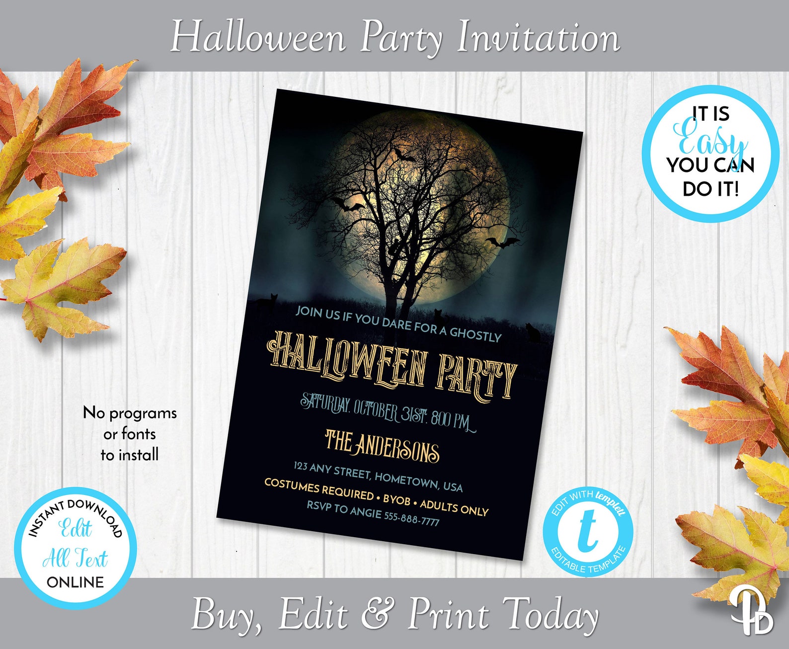 Full Moon Printable Halloween Costume Party Invitation Edit - Etsy