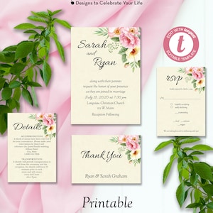 Suite di inviti per matrimonio con fiori rosa e gialli, matrimonio primaverile con fiori, modello di matrimonio stampabile, modifica a Templett, ZWA 17074