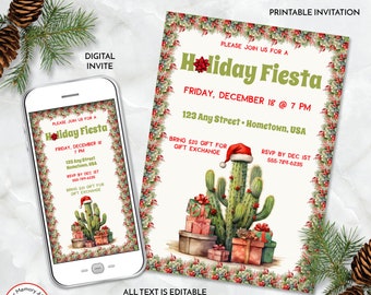 May include: Printable Christmas party invitation with a festive cactus wearing a Santa hat and surrounded by presents. The invitation reads "Holiday Fiesta" with the date and time of the party. The text is editable and the invitation can be printed at home.