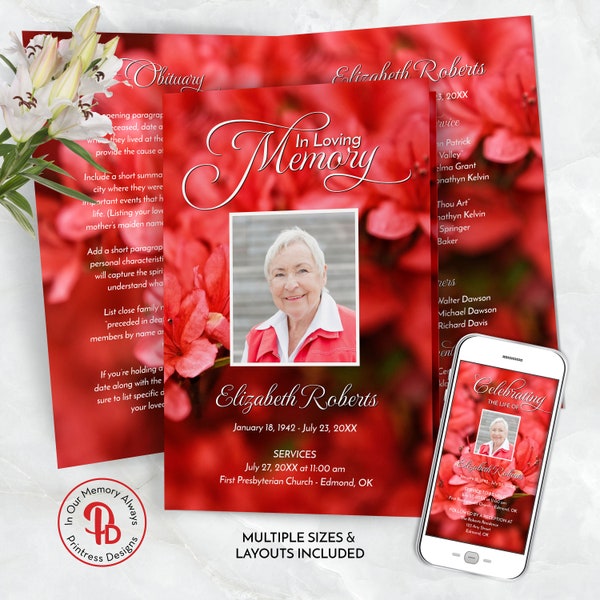 Red Rhododendron Funeral Program, Obituary Template, Celebration of Life Program, Memorial Service, Editable Templett QFP 21213