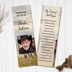 May include: A bookmark with a photo of a man wearing a cowboy hat and a poem about life and death. The poem reads "My Journey's Just Begun" and includes the dates January 18, 1923 - July 23, 2017.