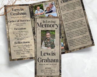 Camouflage Trifold Funeral Program, Hunter's Obituary Template, Veteran Celebration of Life Program, Memorial Service, Templett QFP3 21275