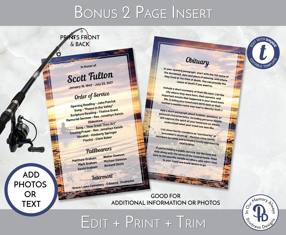 Fish Funeral Program Design Sunset Fishing Funeral Program Template, Obituary Program, Order of ...