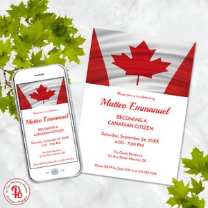 Puede incluir: Una invitación a una ceremonia de ciudadanía canadiense con una bandera canadiense blanca y roja. La invitación es para Matteo Emmanuel e incluye la fecha, la hora y el lugar del evento. El texto de la invitación dice: "Por favor, únase a nosotros para celebrar Matteo Emmanuel Convirtiéndose en ciudadano canadiense Sábado, 24 de septiembre de 20XX 4:00 - 7:00 PM The Clarke Residence 123 Any Street, Montreal, QC Por favor, responda antes del 10 de septiembre al +1-555-789-1234"