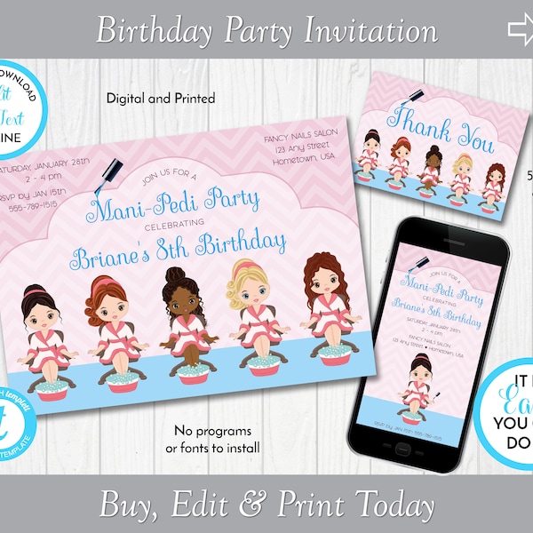 Editable Spa Birthday Party Invitation Template, Glam Girl Manicure Pedicure Invite, Digital and Printable, Editable in Templett ZBD 13052