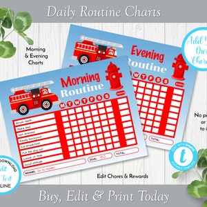 Firetruck Children&#39;s Daily Routine Charts, Morning Routine Chart, Bedtime Routine Chart, Edit in Templett, ZDC 26011 C111