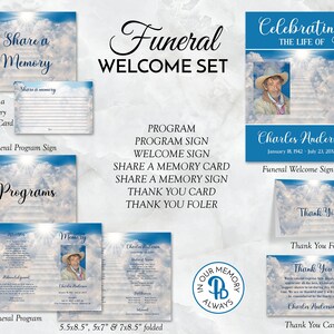 Stairway to Heaven Funeral Welcome Set, Obituary/Order of Service Template, Welcome & Program Sign, Thank You Card, Editable, QFWLS 21207