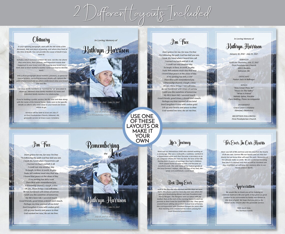 Mountain Lake Funeral Program, Obituary Template, Celebration of Life